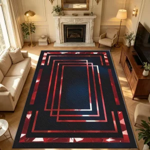 Luxury Red Black Geometric Frame Area Rug