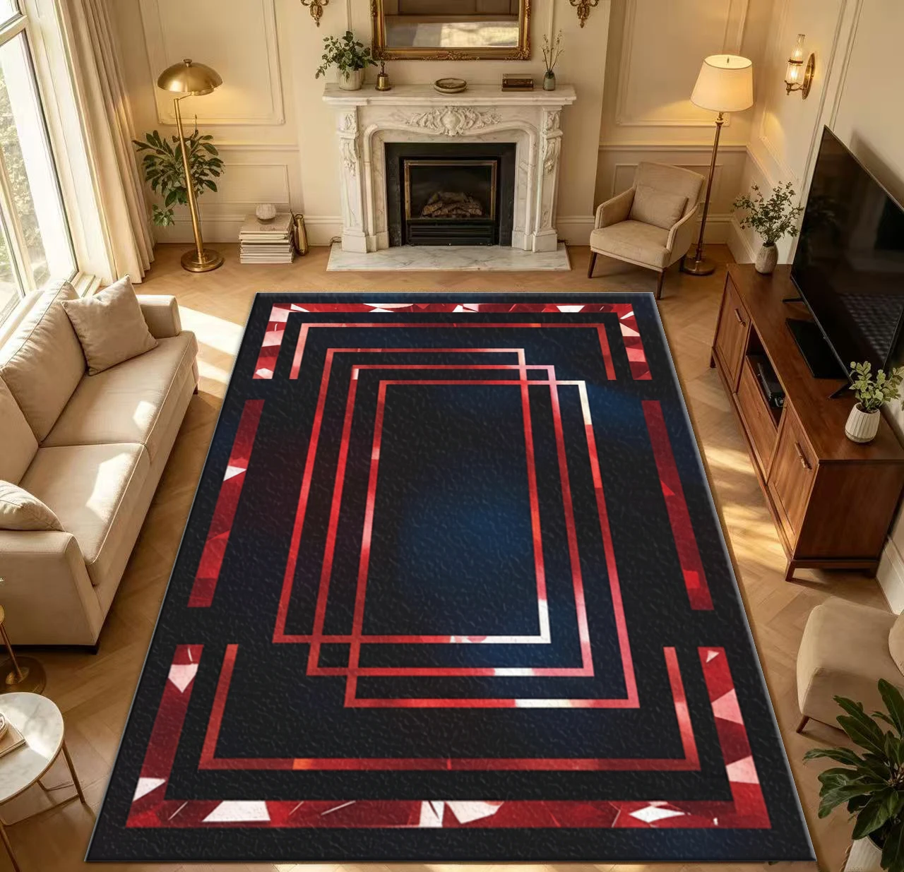 Luxury Red Black Geometric Frame Area Rug - Image 1