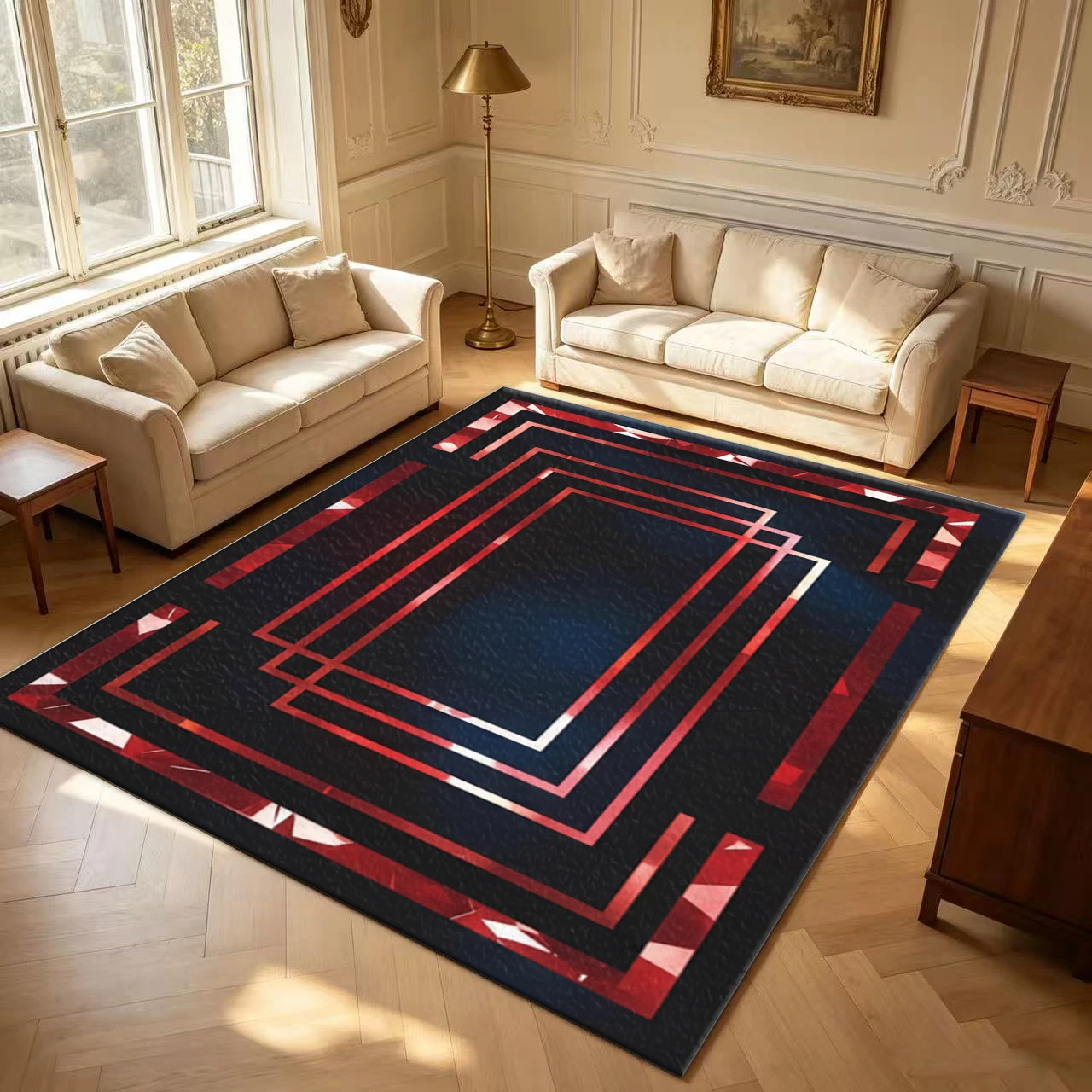 Luxury Red Black Geometric Frame Area Rug - Image 2