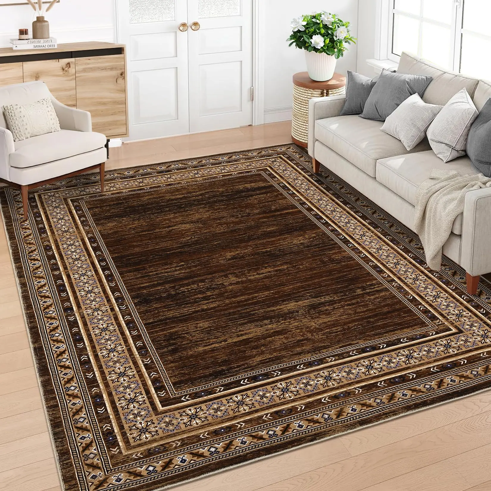 Area Rug 8x10 Washable Rug Brown Modern - Image 1