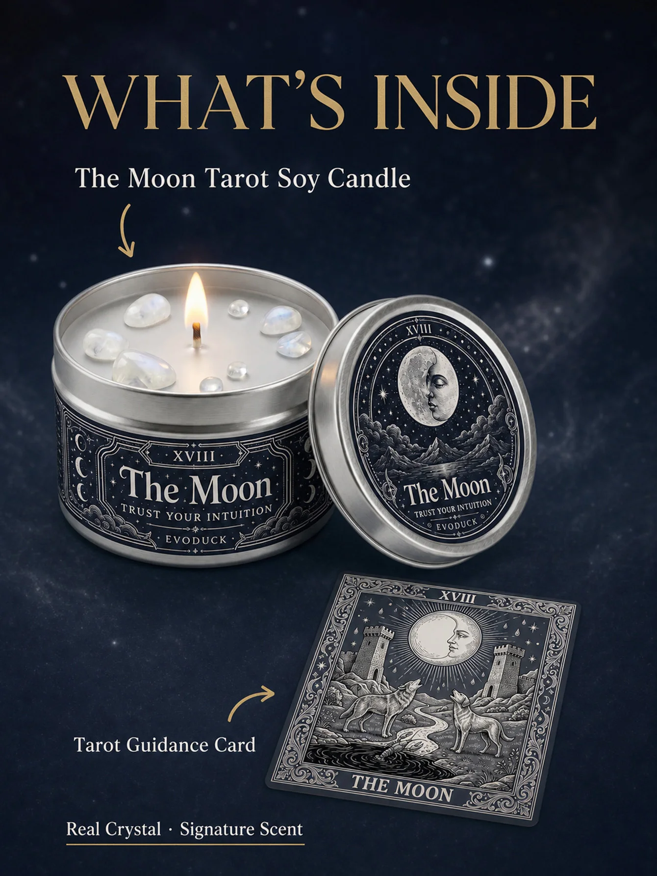 The Moon Tarot Candle with White Crystal Stones, - Image 2