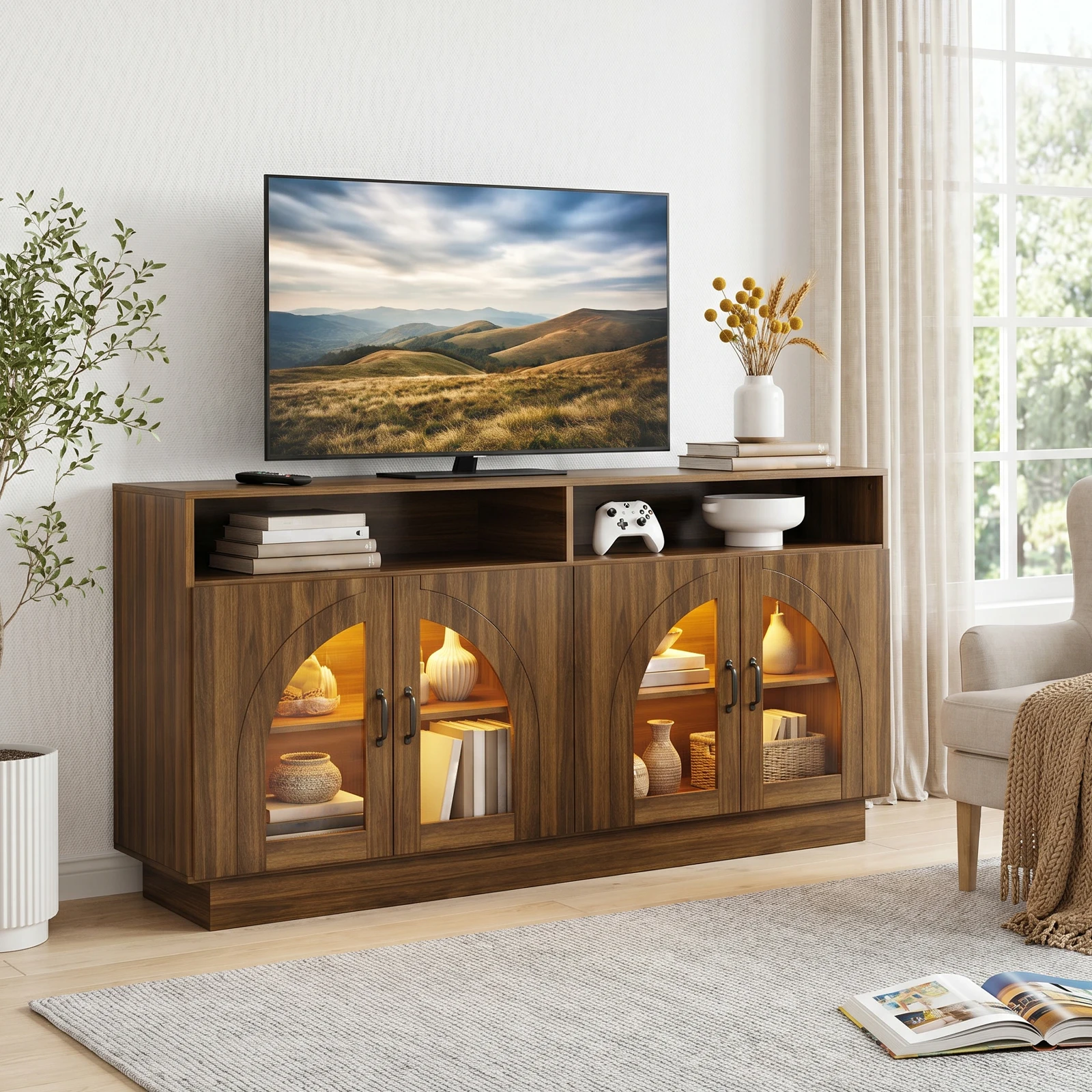Modern Wood Grain Entertainment Center TV Stand - Image 1