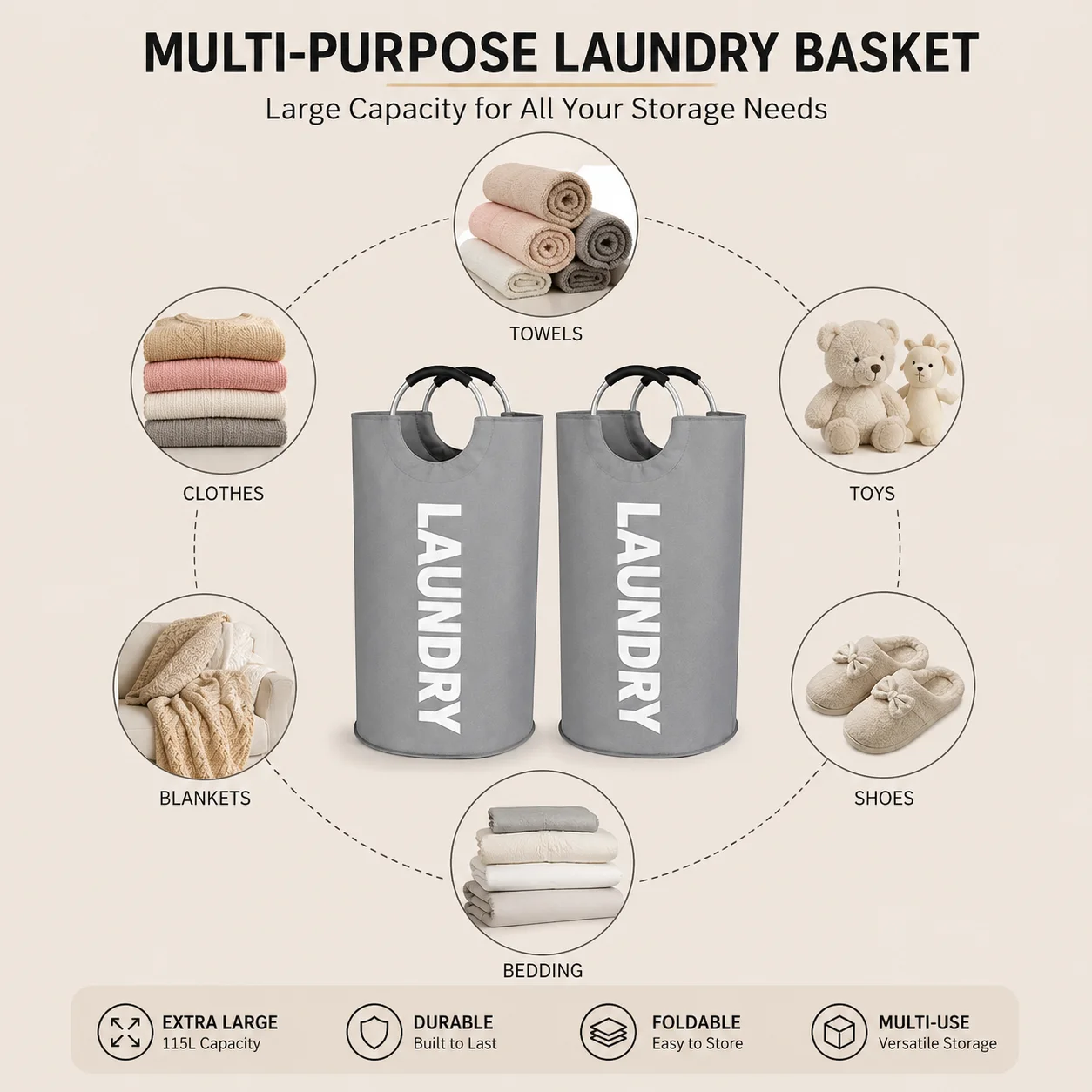 2 Pack 115L Extra Large Laundry Hamper - Image 3