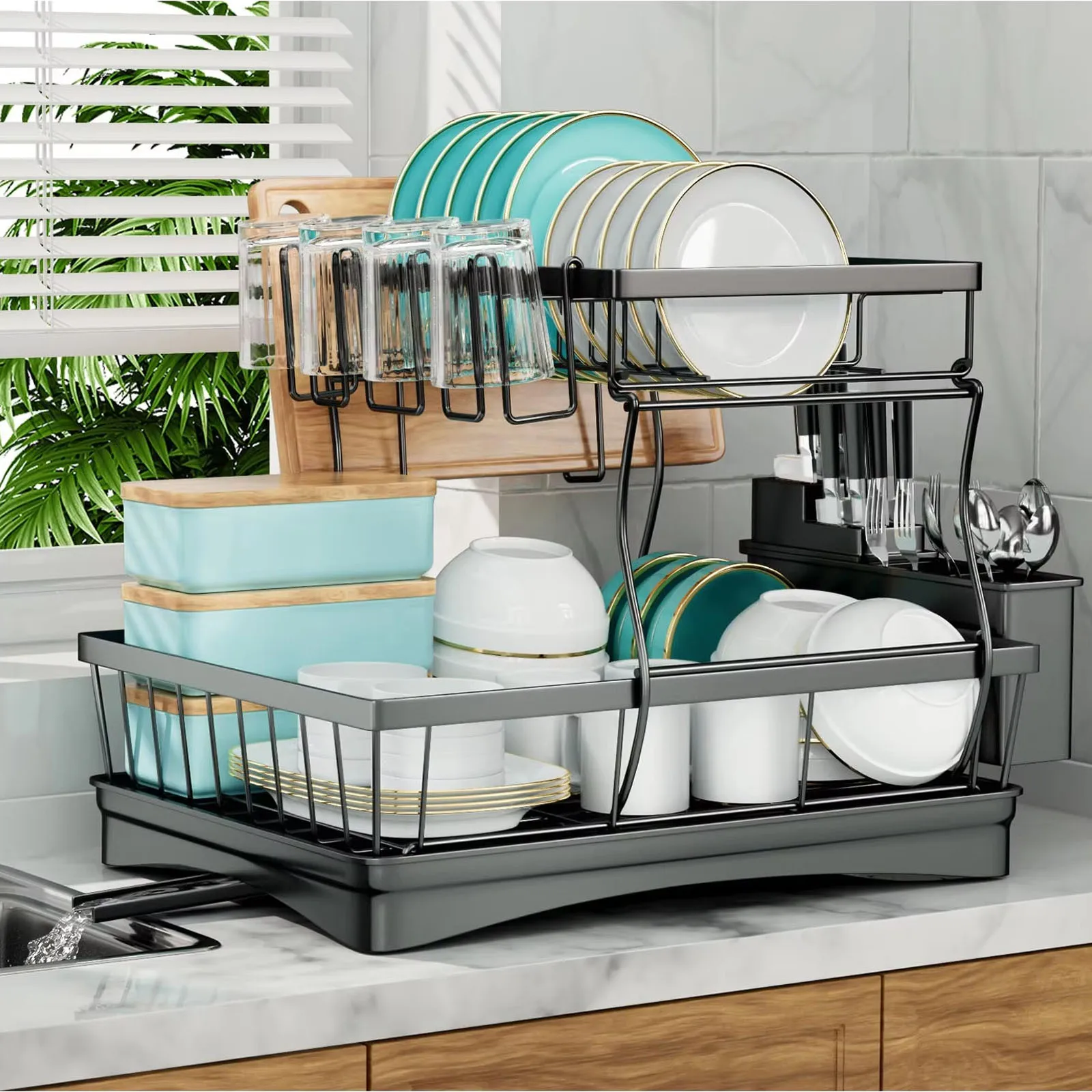 Large 2-tier dish drying rack for kitchen countertops - Image 1