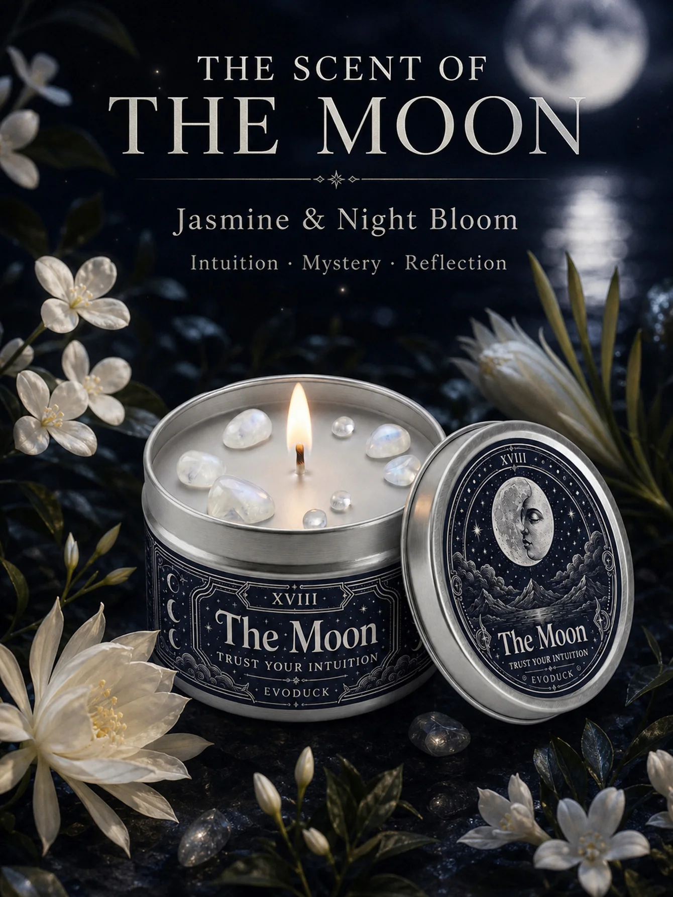 The Moon Tarot Candle with White Crystal Stones, - Image 4