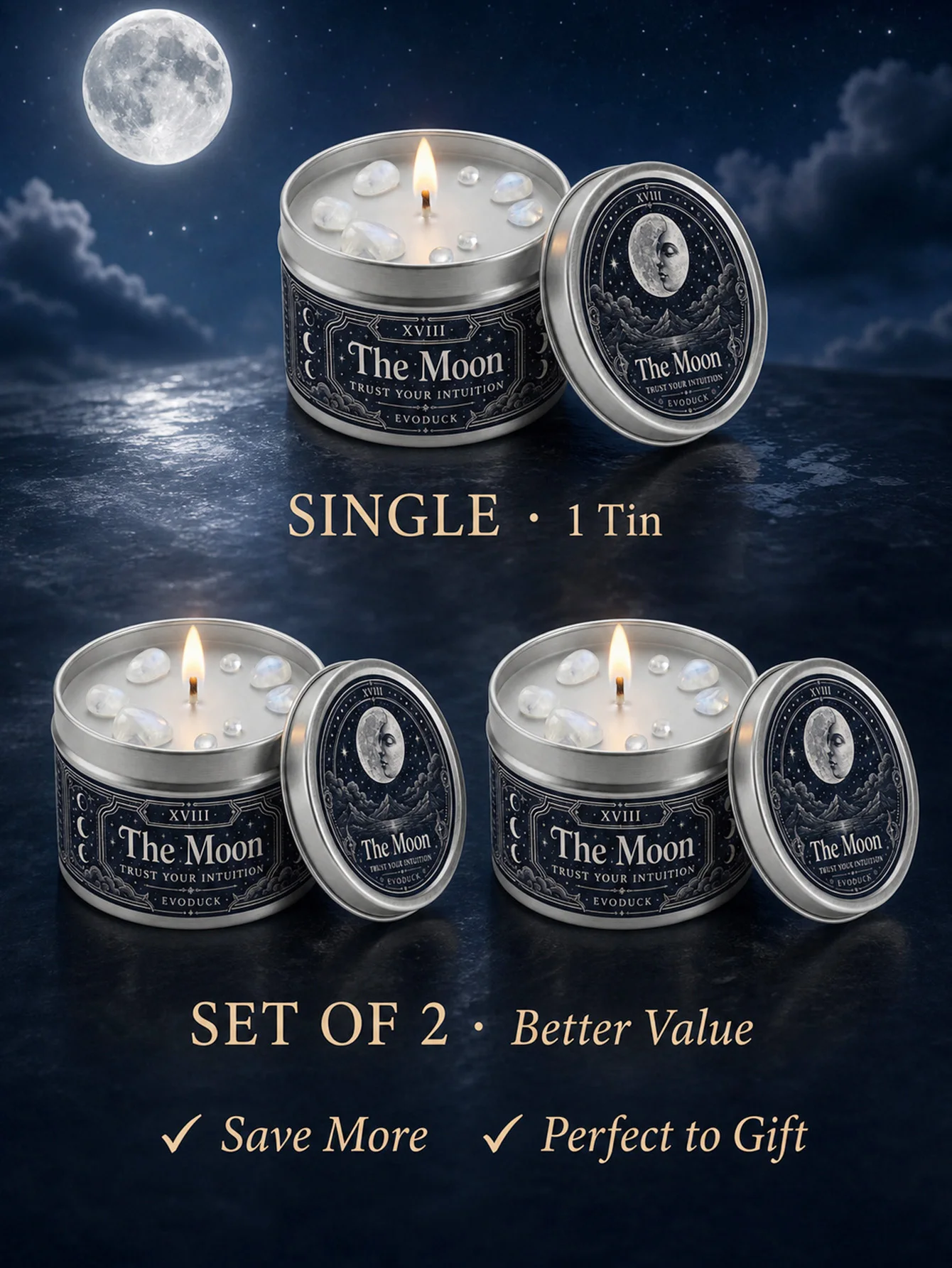 The Moon Tarot Candle with White Crystal Stones, - Image 8