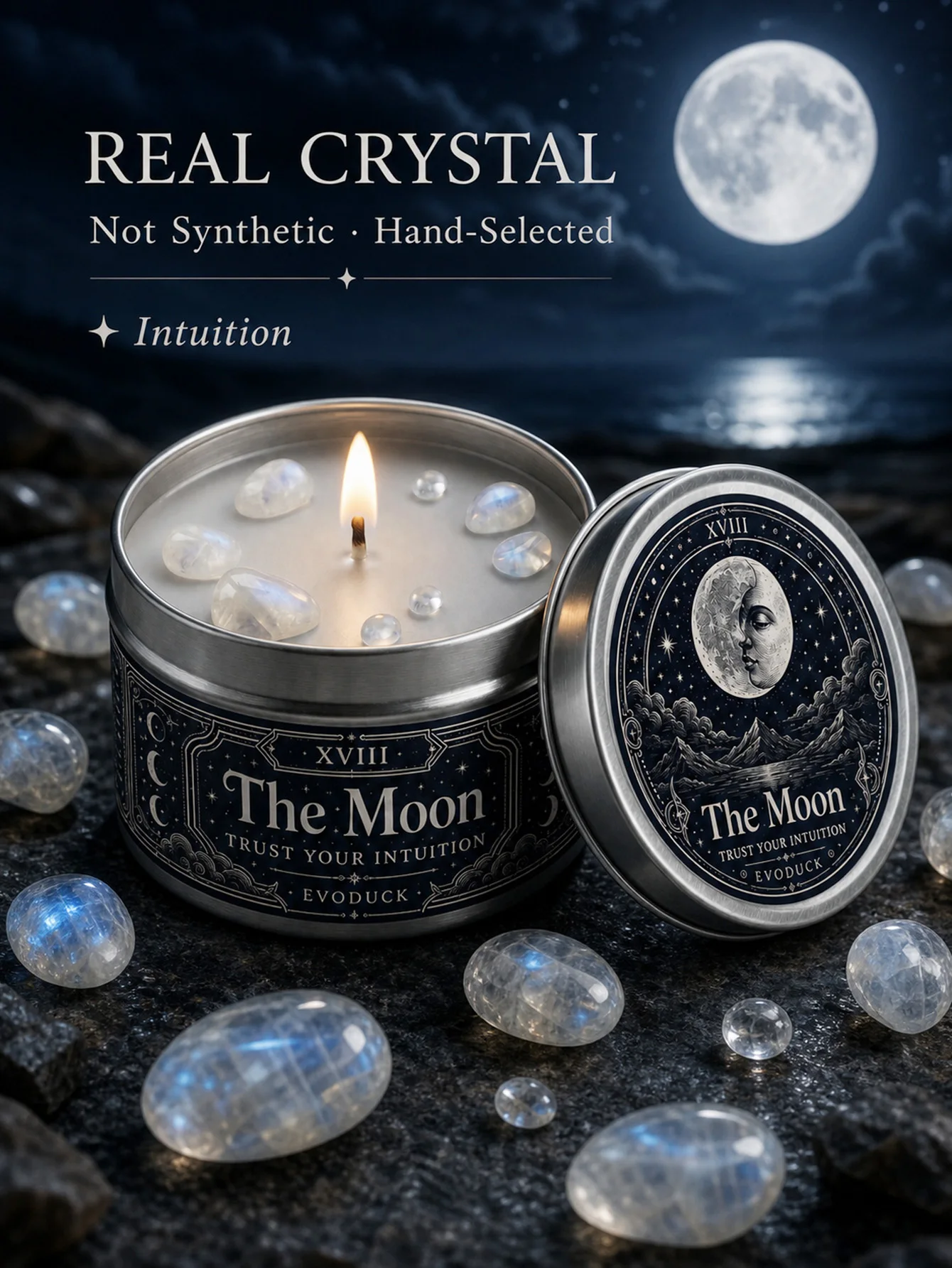 The Moon Tarot Candle with White Crystal Stones, - Image 5