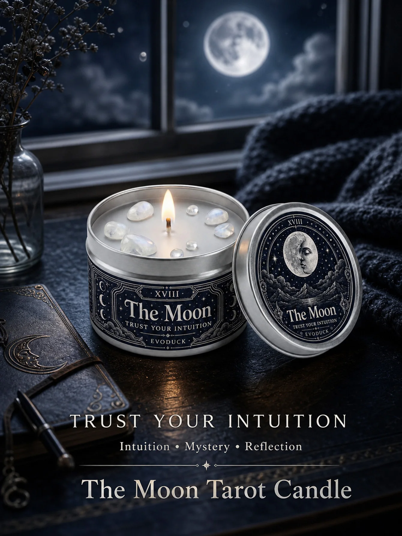 The Moon Tarot Candle with White Crystal Stones, - Image 6