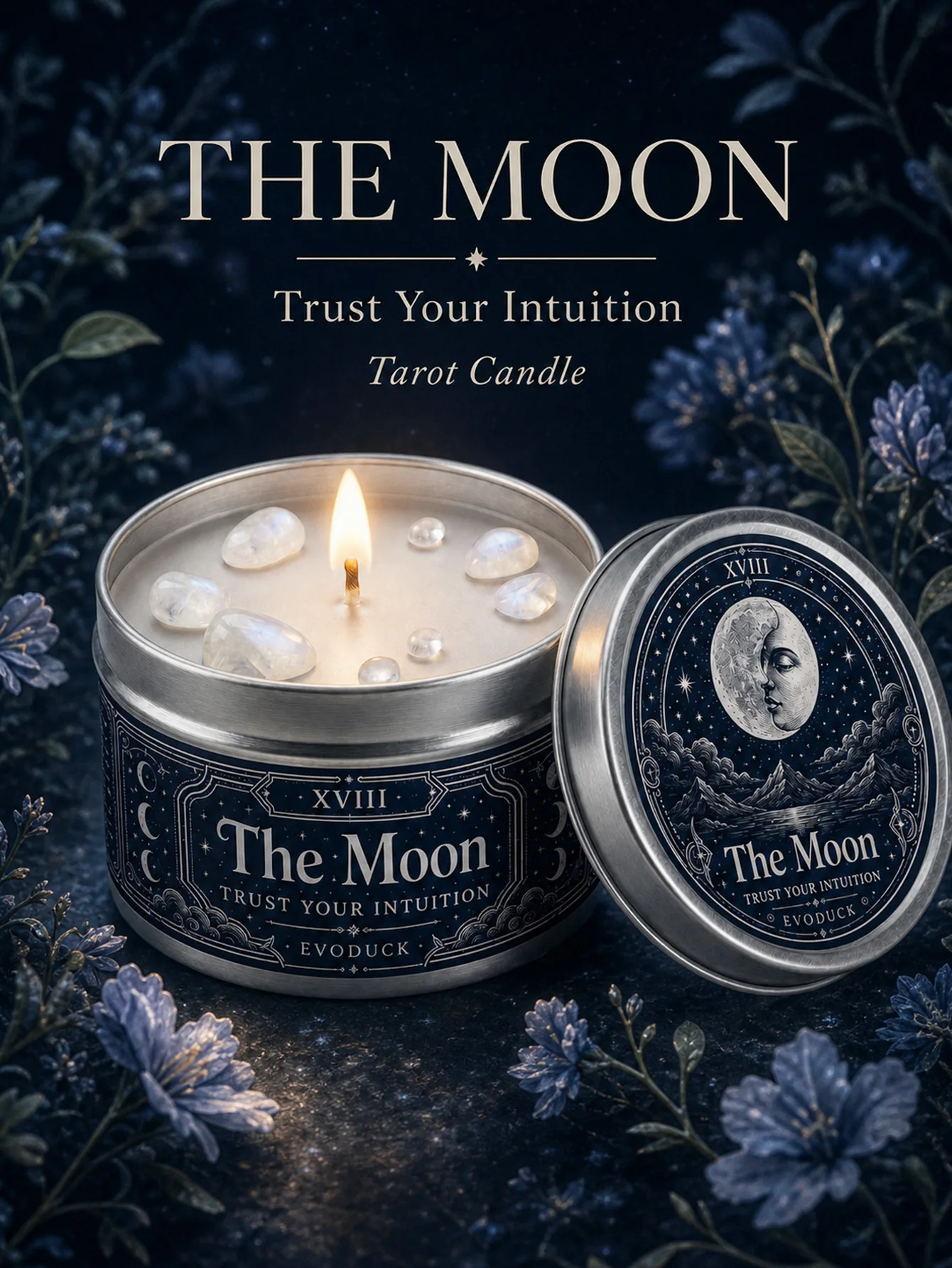 The Moon Tarot Candle with White Crystal Stones, - Image 1